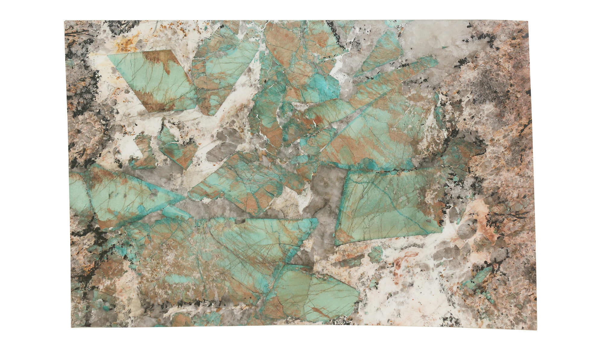 Full slab of Super Crystal Amazonite quartzite with turquoise crystal formations set in a gray and copper stone matrix.