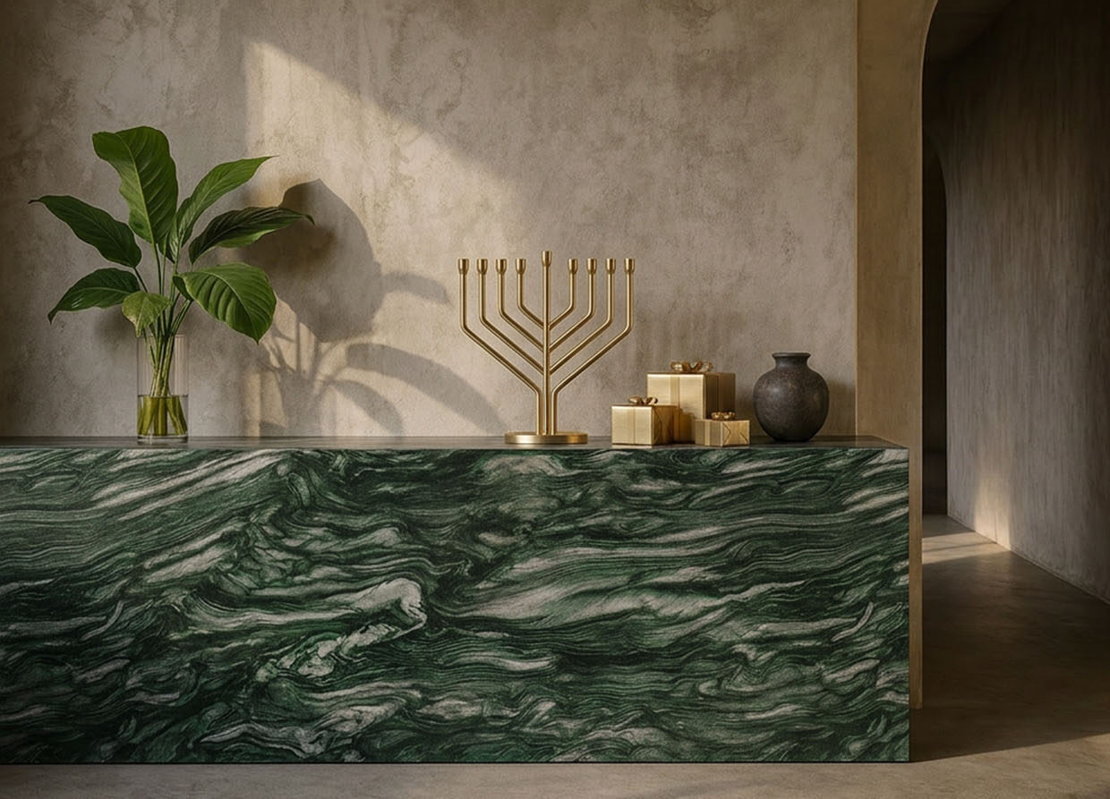 Green granite console table with a brass menorah, gift boxes, and a plant against a plaster wall.