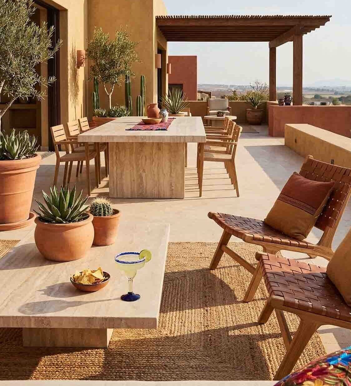 Rooftop terrace with a travertine table, woven leather chairs, and cacti in a desert-style setting.