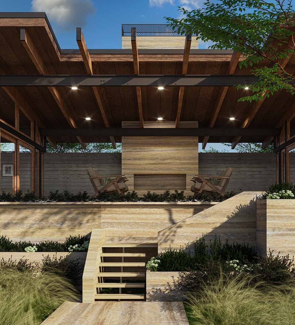 Covered outdoor patio with travertine tile walls and steps, framed by wood beams and lounge chairs.