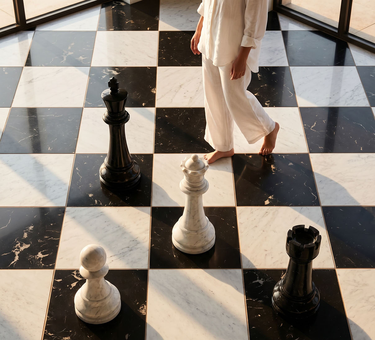 Woman walking across checkerboard-tile patterned floor with large sized chess pieces.