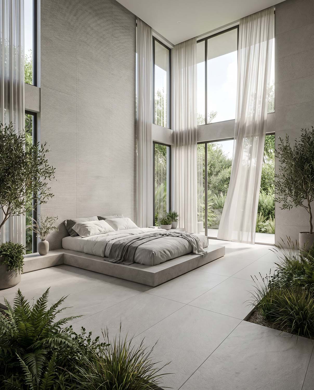 Open concept bedroom with Opustone tiles in color Etheria Grey. Wall tiles have textured chiseled look. Floors have honed finish.