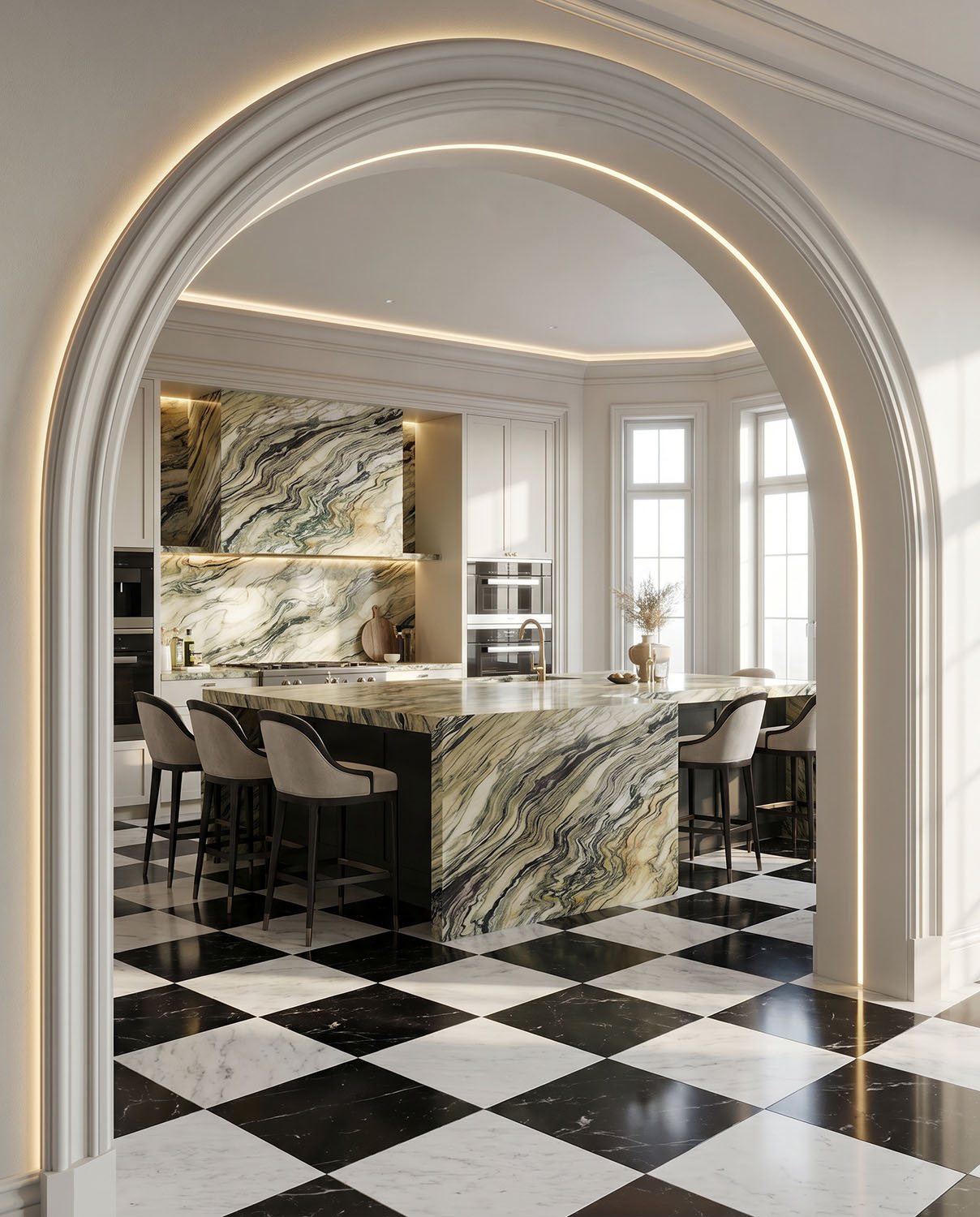 High-end kitchen shown through a rounded arch, flooring has tiles with black and white checkerboard pattern.