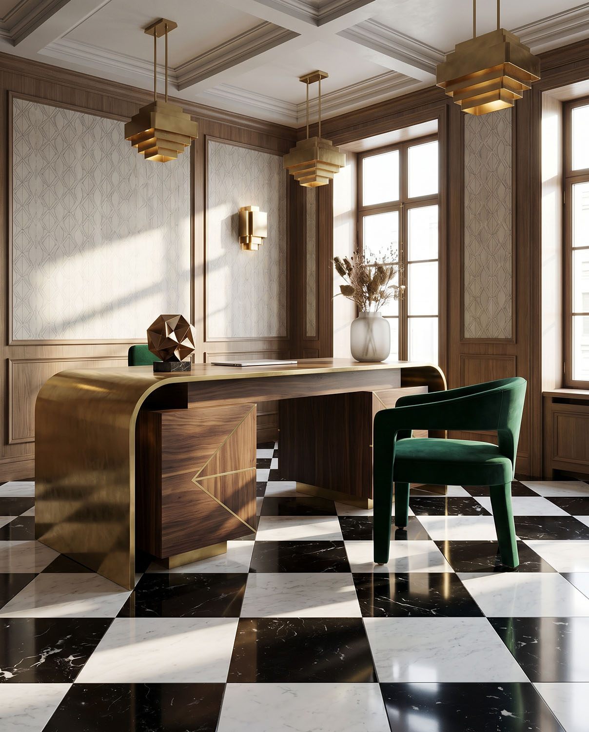Art deco-style office space with black and white tiles in checkerboard pattern on flooring.
