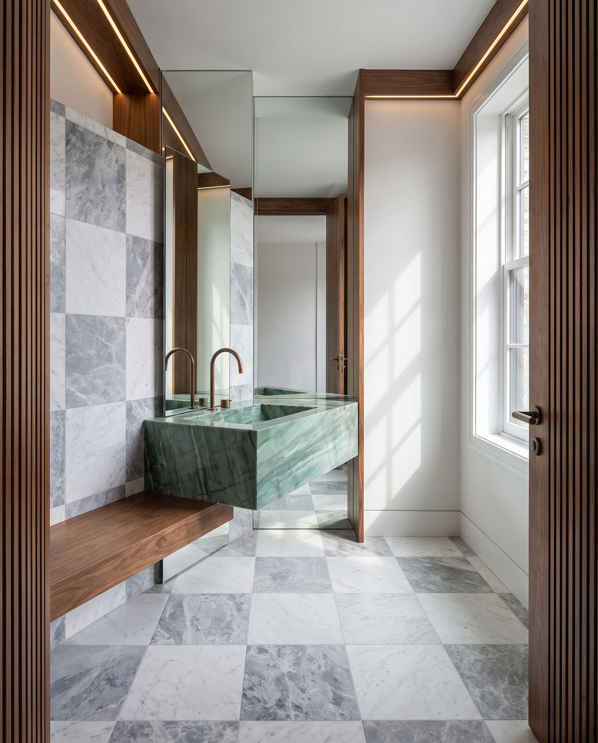 Simple half-bathroom with light grey and white natural stone tiles in checkerboard pattern on floor and wall, green slab on sink.