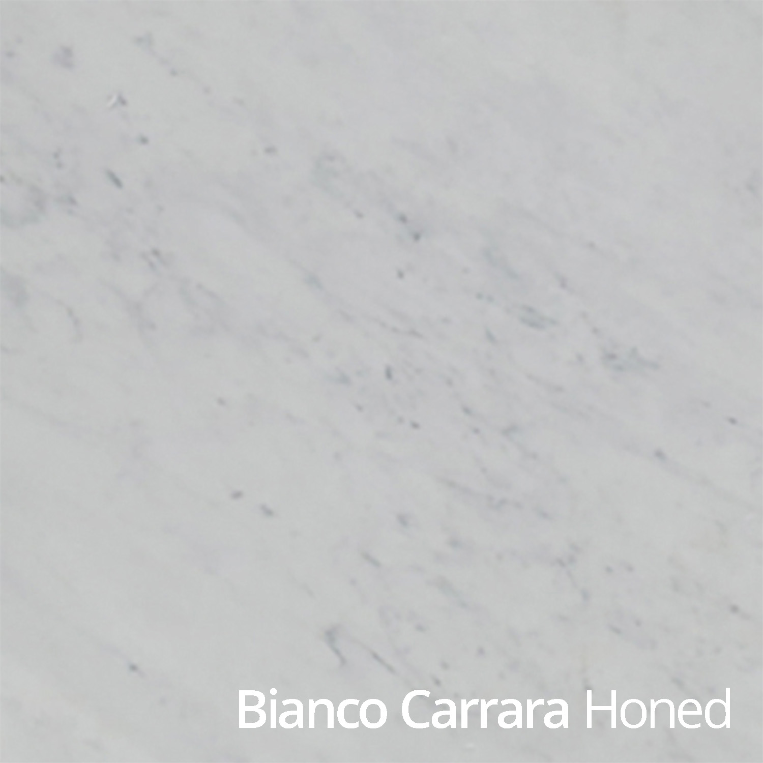 White marble tile in square image format with caption reading Bianco Carrara Honed.