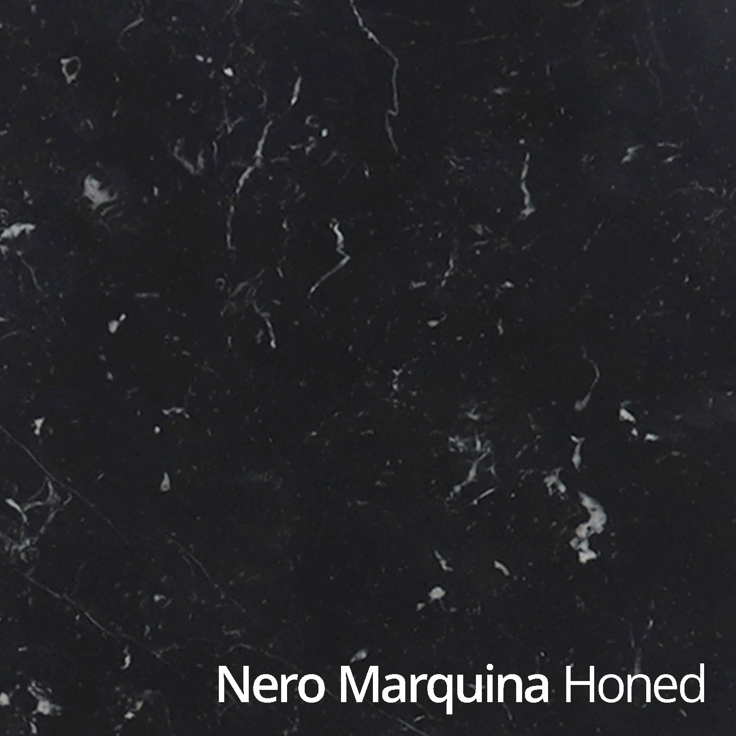 Black marble tile with white veining in square image format with caption reading Nero Marquina Honed.