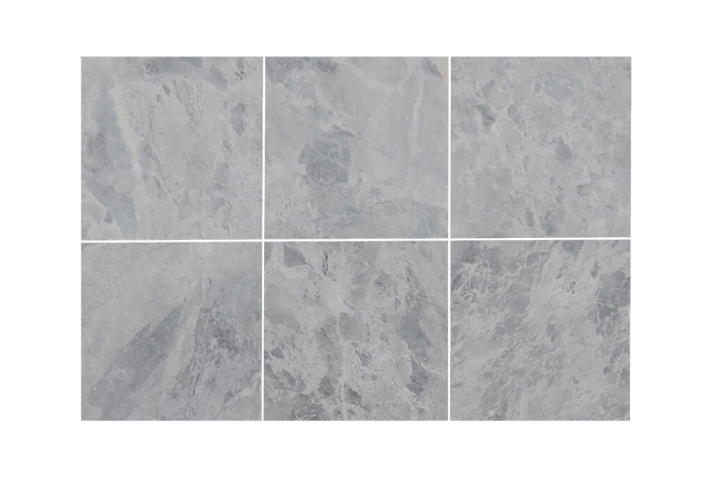 Six light grey marble tiles with variety in texture on each.