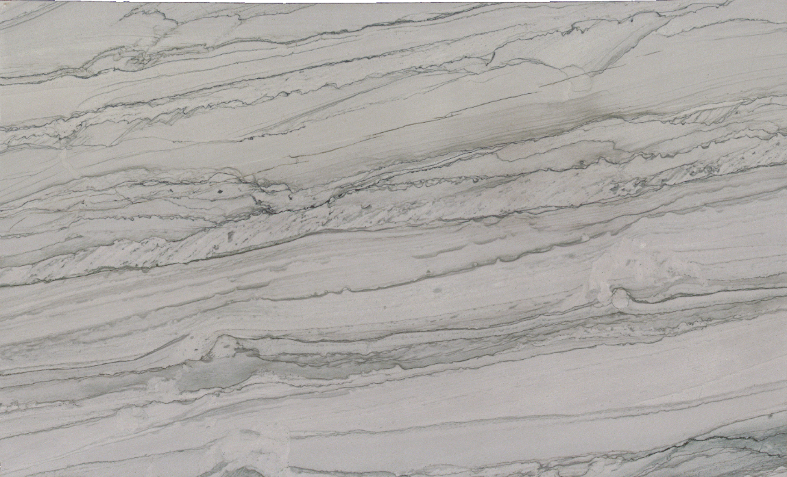 Amazon Pearl polished quartzite slab with soft white and grey linear veining.