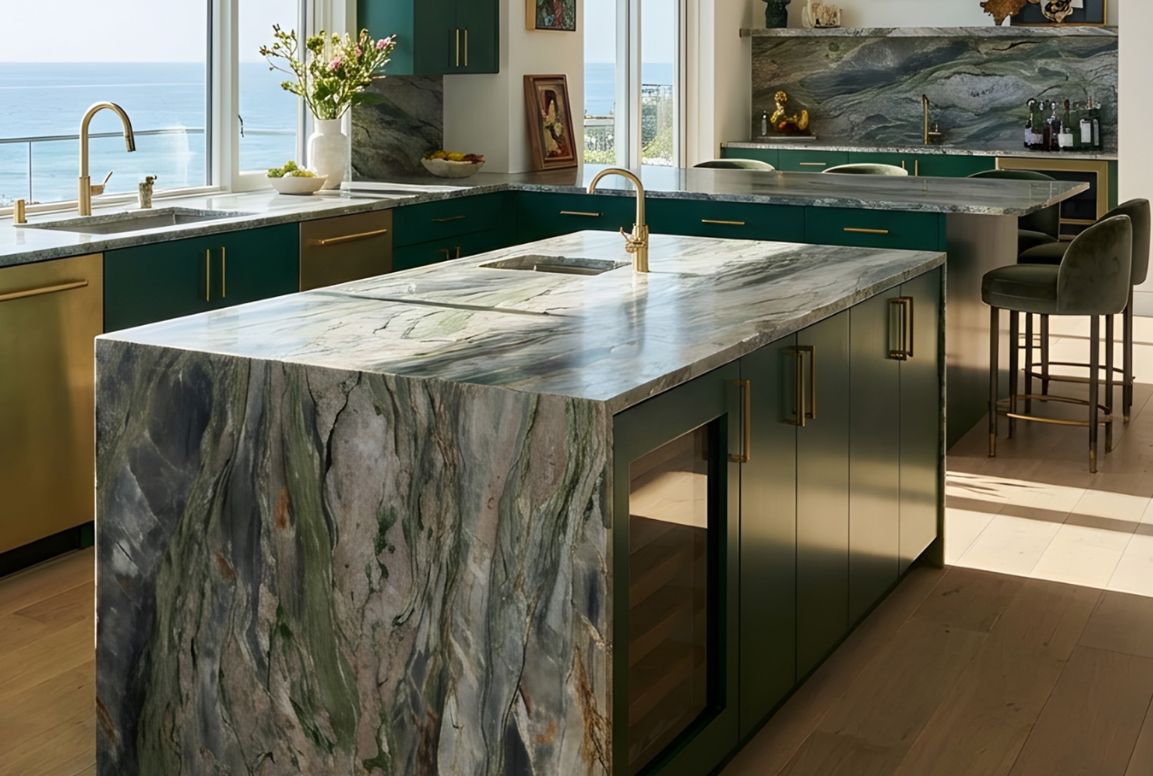 Green Sydney Quartzite waterfall island with dramatic veining in an oceanfront kitchen with emerald cabinetry.