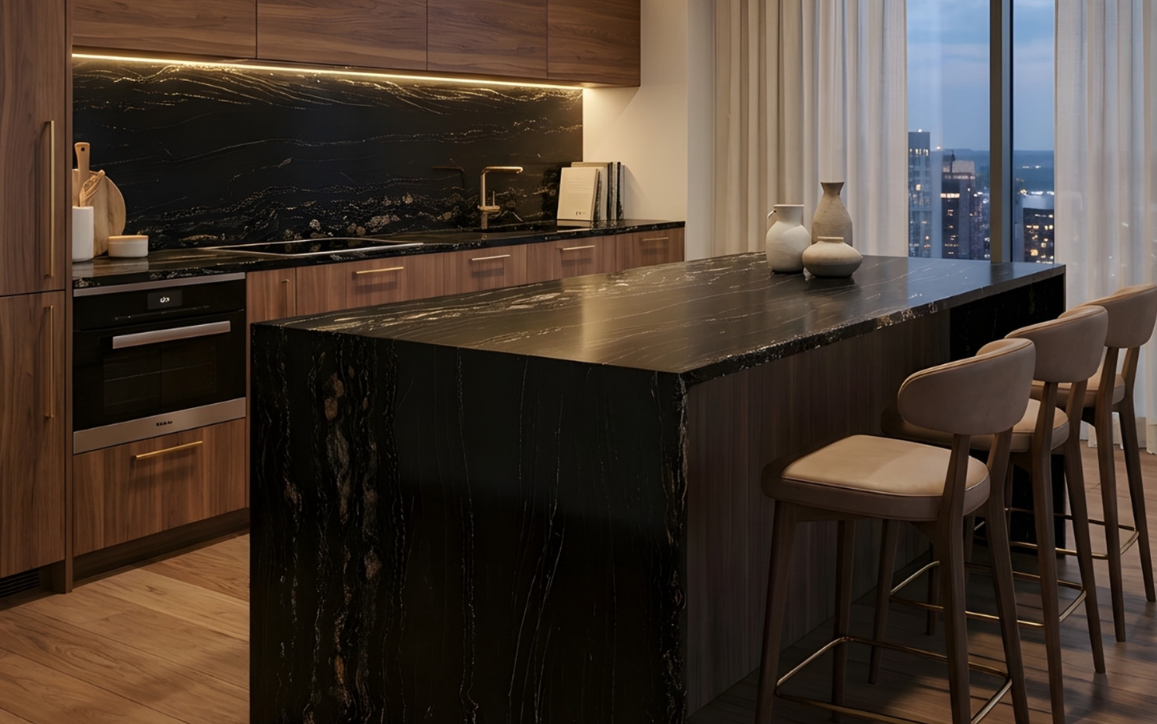 Black Murad Polished Quartzite waterfall island with gold and white veining, walnut cabinetry, and a city view at dusk.