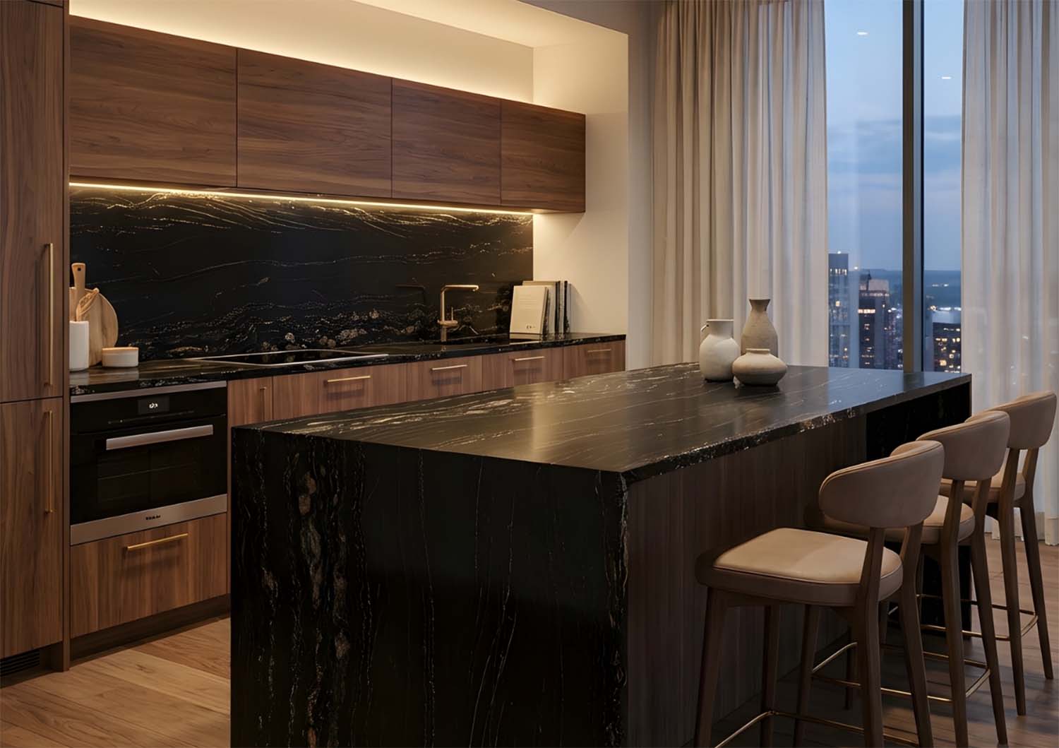 Black Murad Polished Quartzite waterfall island with gold and white veining, walnut cabinetry, and a city view at dusk.
