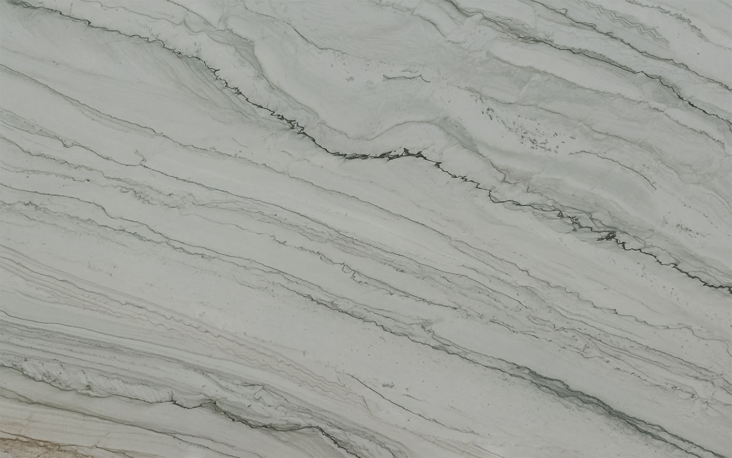 Amazon Pearl polished quartzite slab with soft white and grey linear veining