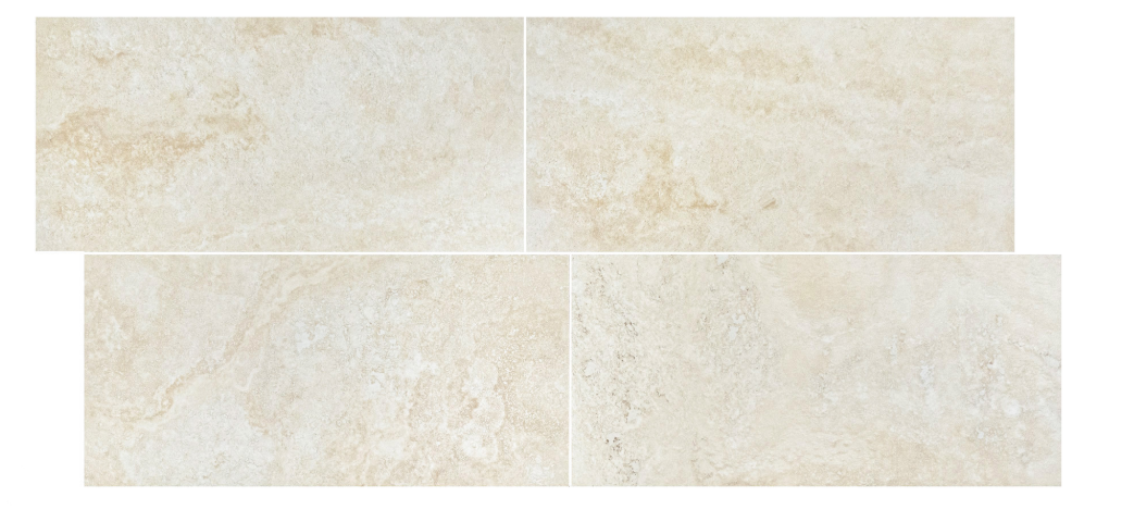 Four Osso travertine tiles in ivory and beige tones showing natural veining and soft pitting.
