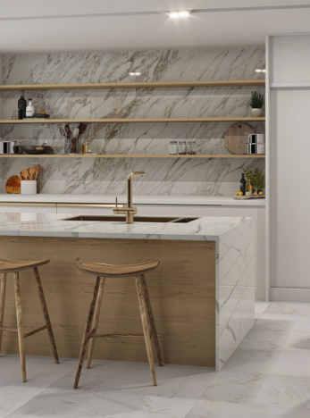 Calacatta Lincoln Gold on a kitchen countertop.