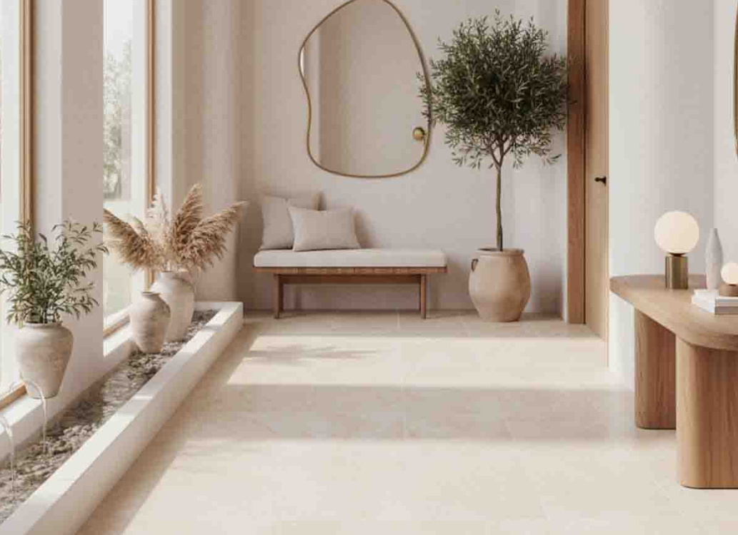 Osso travertine floor tile in a bright, arched Mediterranean-style hallway.