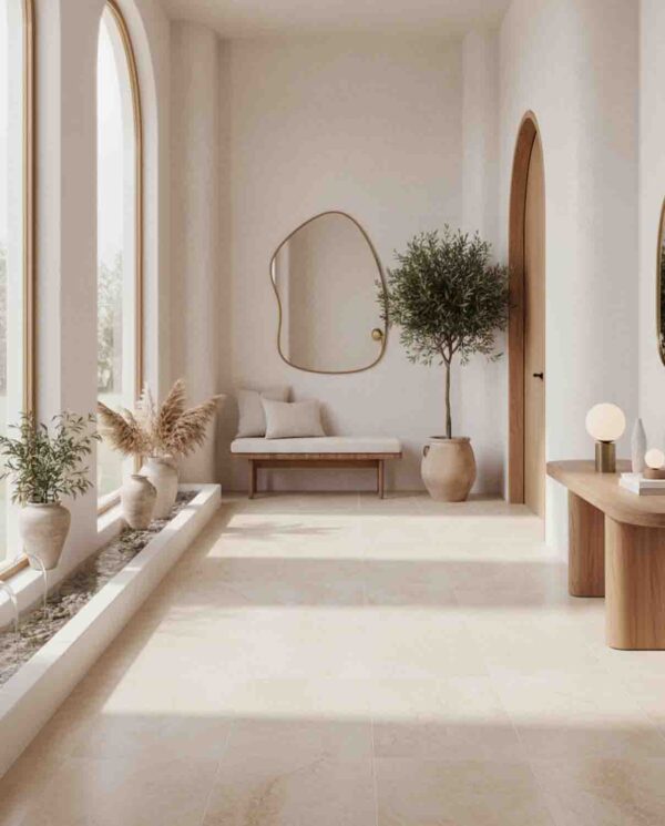 Osso travertine floor tile in a bright, arched Mediterranean-style hallway.