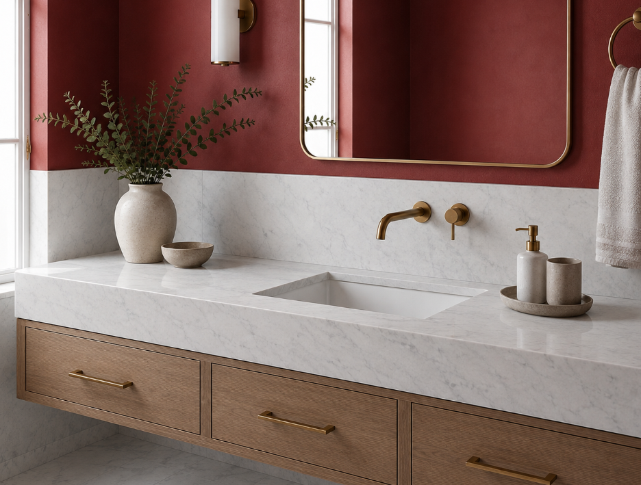 Bathroom vanity with Carrara marble countertop, wood cabinetry, and brass fixtures.