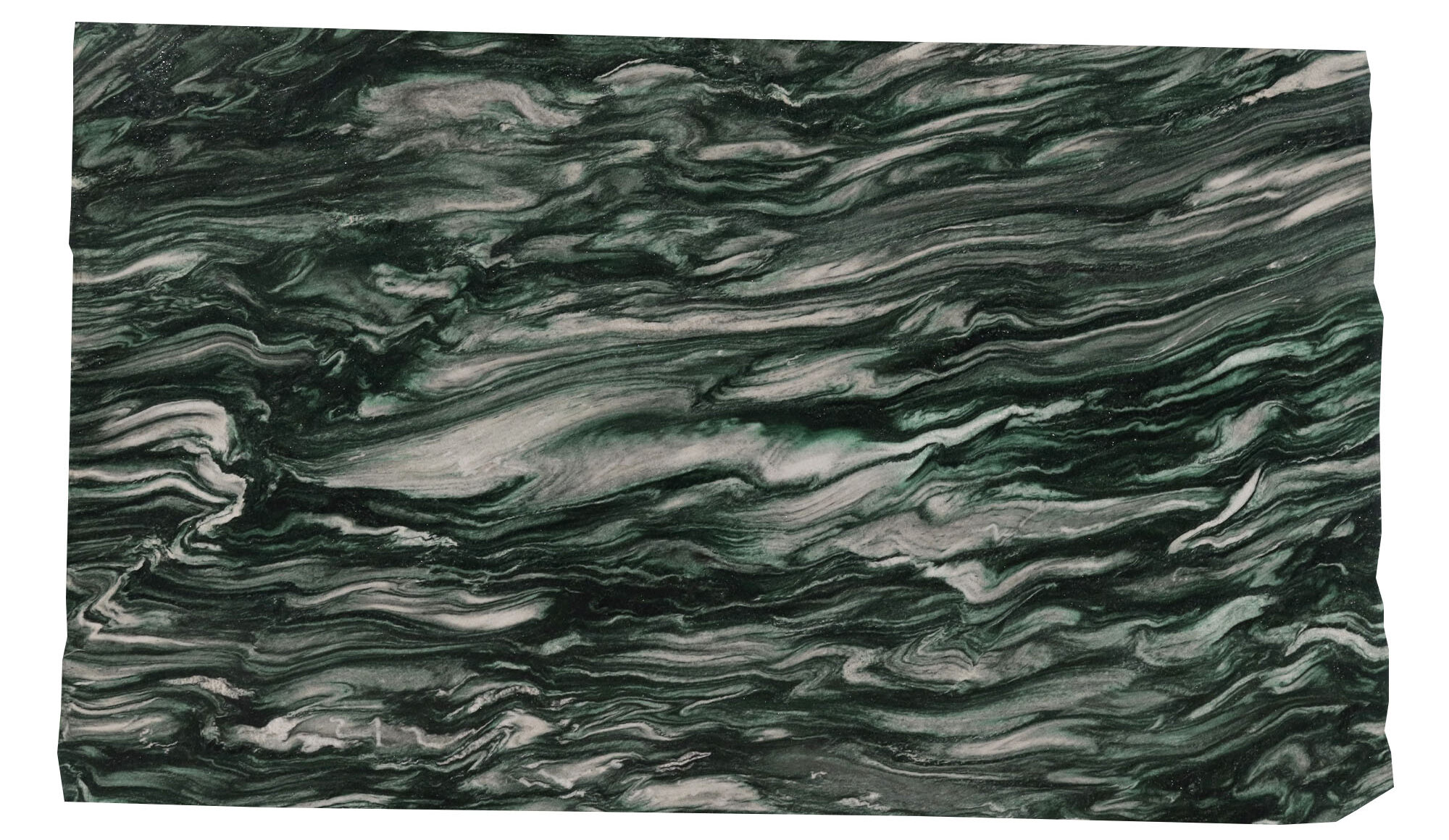 Full slab of green and white swirled Monet Verde granite with dramatic wave-like veining. 